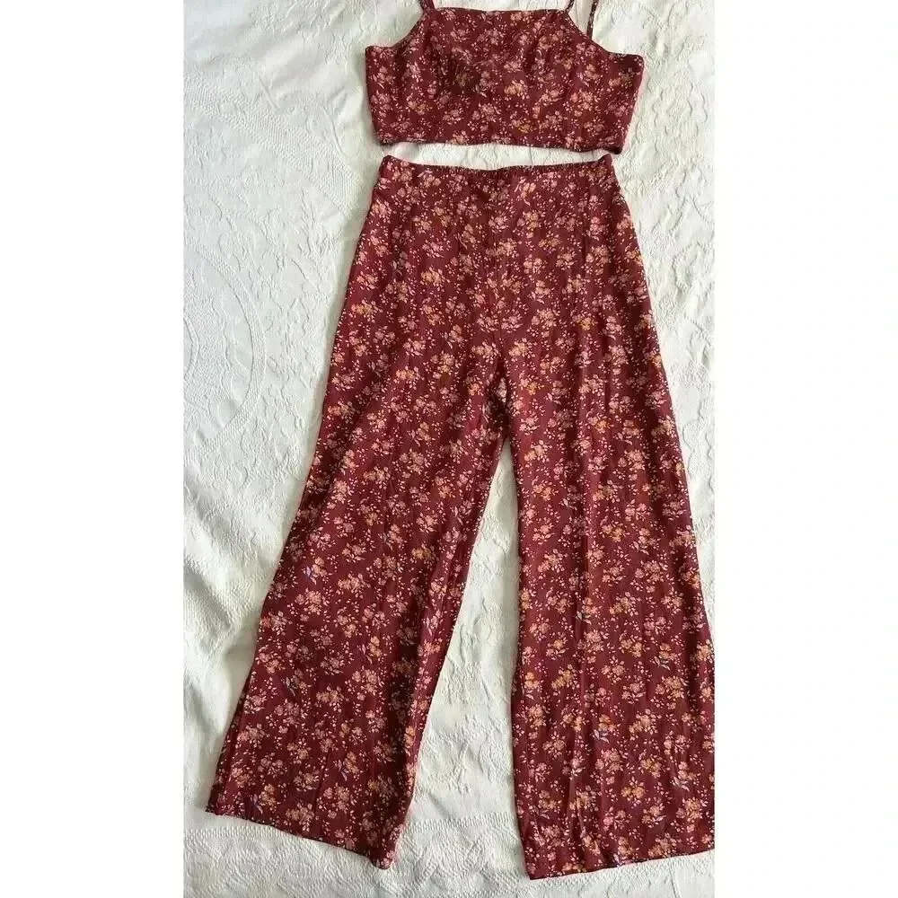 Floral Red Crop Top & High Waisted Pants Set Boho Festival Aeropostale Size M